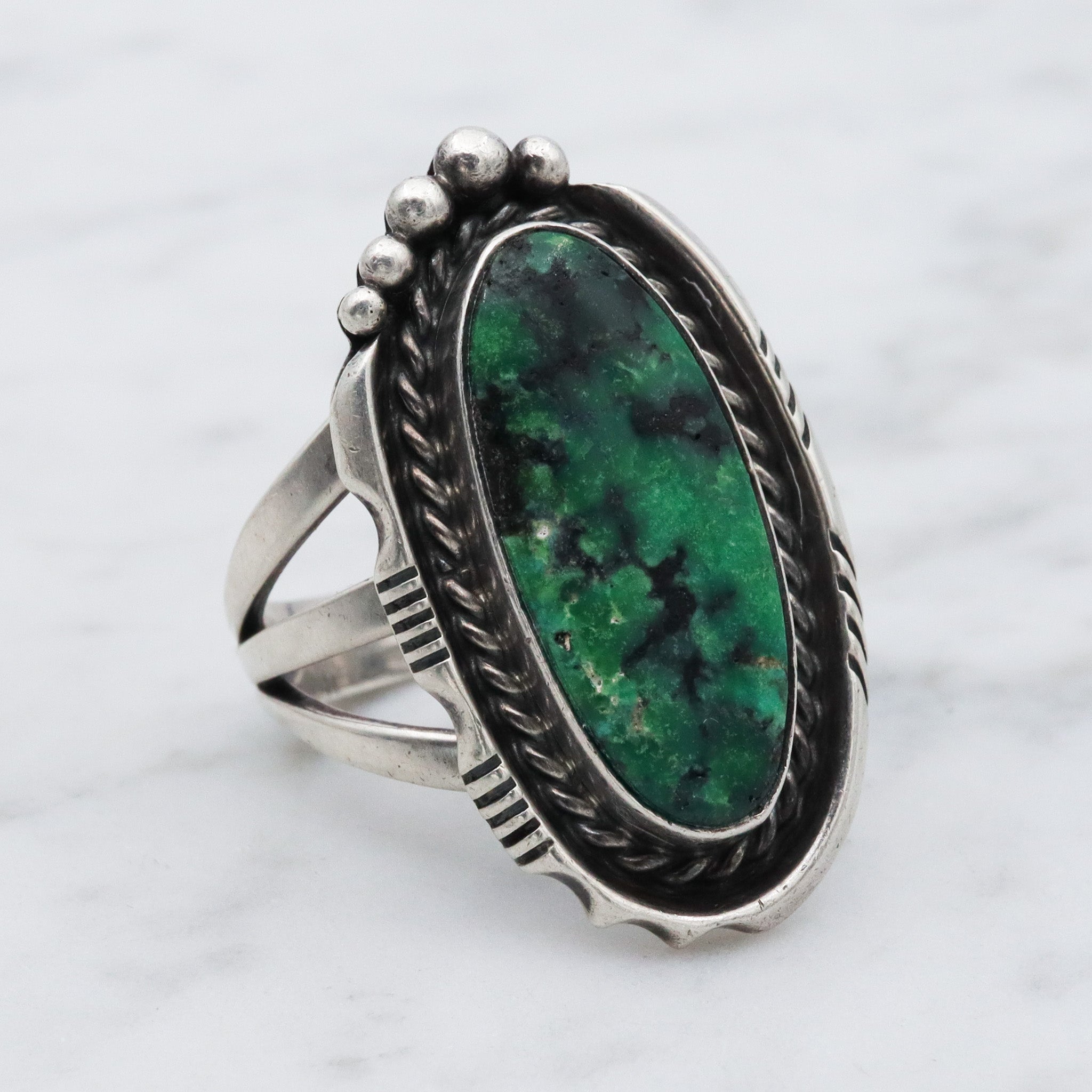 Native American sterling silver green turquoise navette ring , sz 7.5